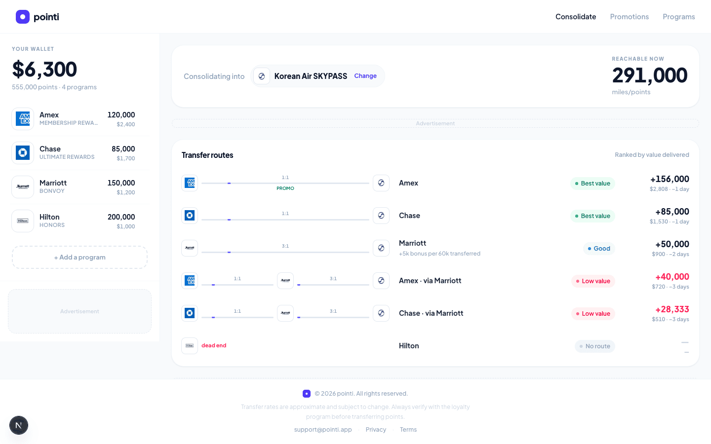 pointi dashboard — desktop view showing wallet rail and transfer routes