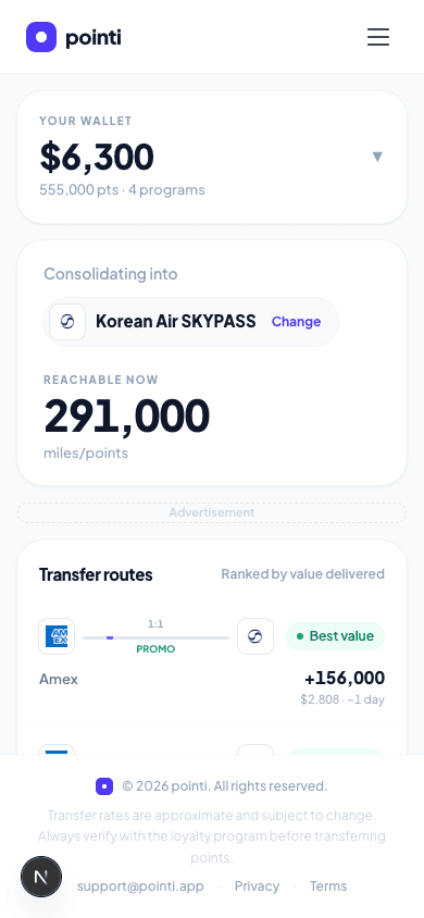 pointi dashboard — mobile view