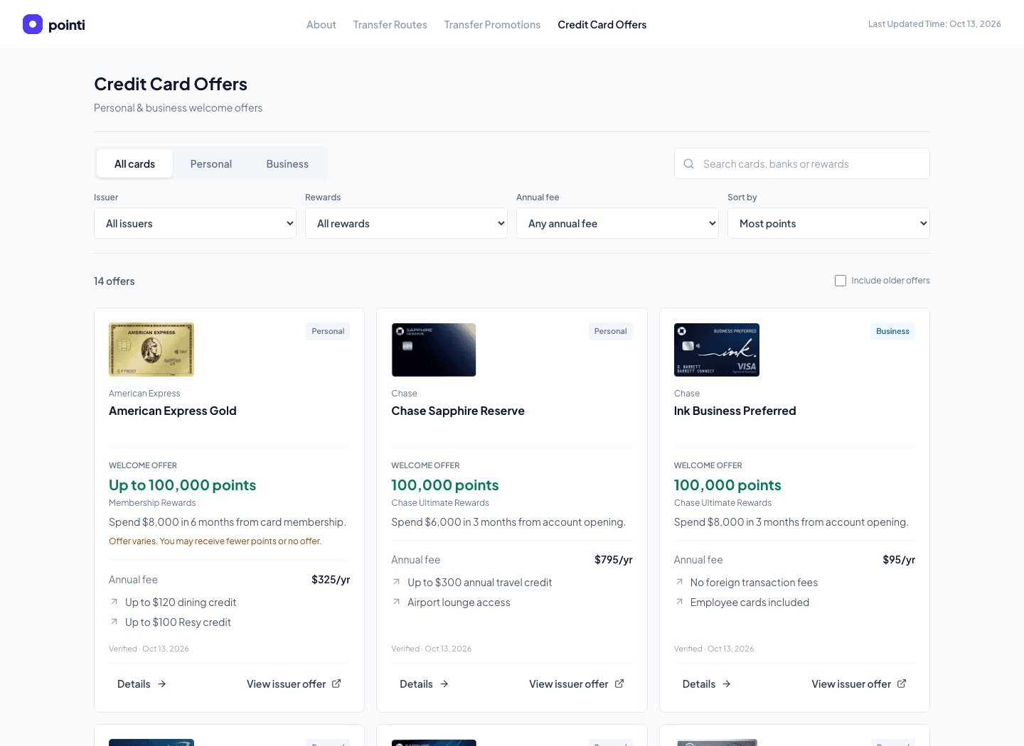 pointi Credit Card Offers on desktop, showing card images, welcome bonuses, spending requirements, annual fees, and filters