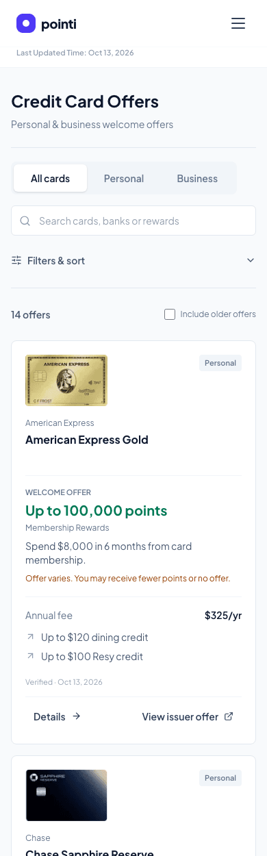 pointi Credit Card Offers in a mobile browser, showing card search, personal and business filters, and welcome offer details