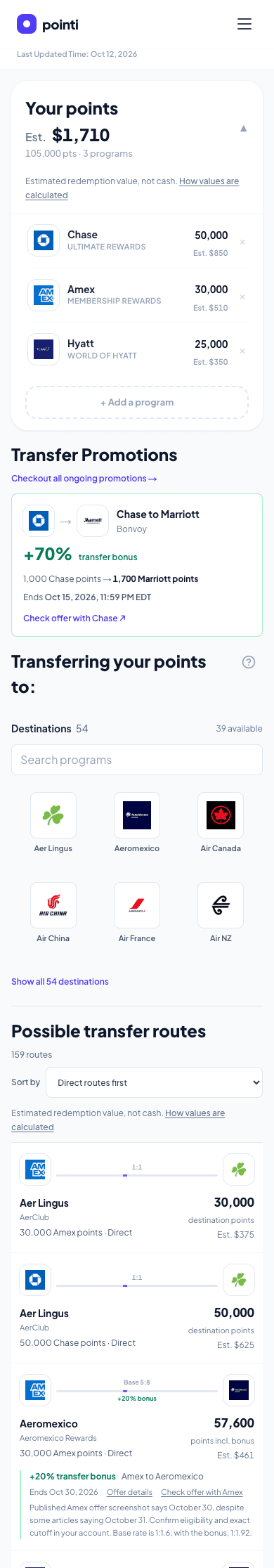 pointi mobile dashboard with point estimates, Transfer Promotions, destination search, and possible transfer routes